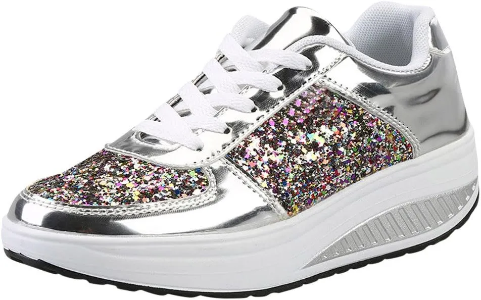 Women's Sequins Sparkly Trainers Women Glitter Lace Up Casual Comfortable Shoes Shiny Sneakers for Wedding Party