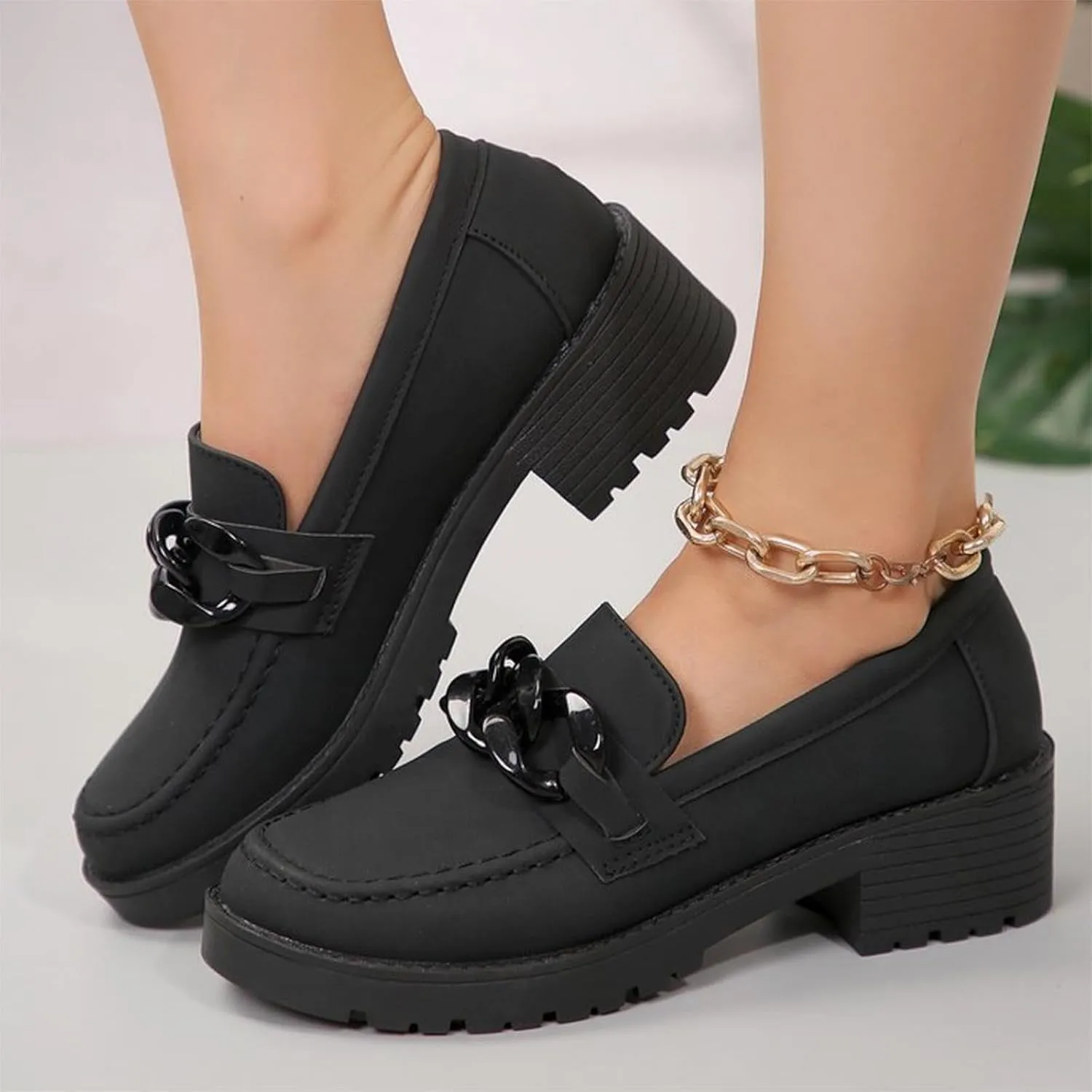 Women's Slip On Loafers Round Toe Solid Mary Jane Shoes Lug Sole Non Slip Walking Shoes Chunky Heel Shoes