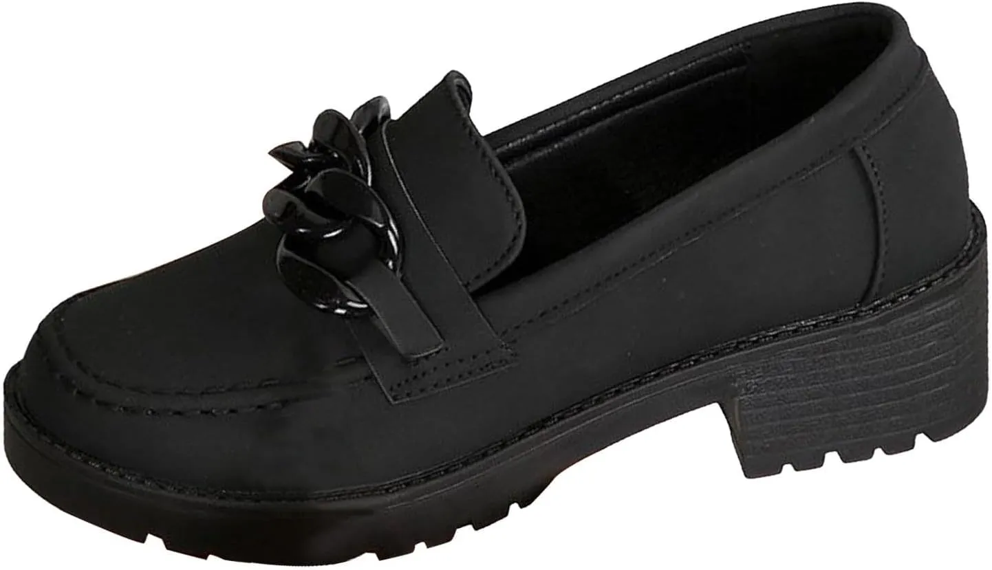 Women's Slip On Loafers Round Toe Solid Mary Jane Shoes Lug Sole Non Slip Walking Shoes Chunky Heel Shoes