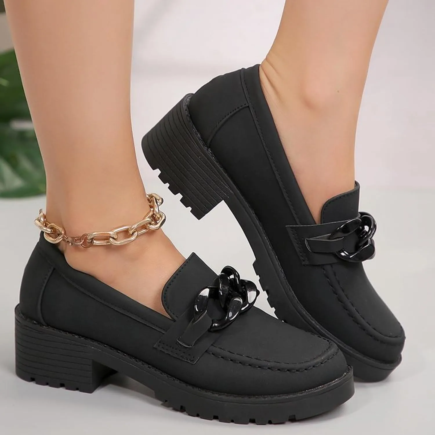Women's Slip On Loafers Round Toe Solid Mary Jane Shoes Lug Sole Non Slip Walking Shoes Chunky Heel Shoes