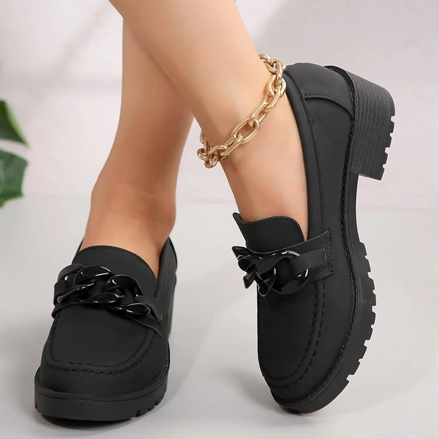 Women's Slip On Loafers Round Toe Solid Mary Jane Shoes Lug Sole Non Slip Walking Shoes Chunky Heel Shoes
