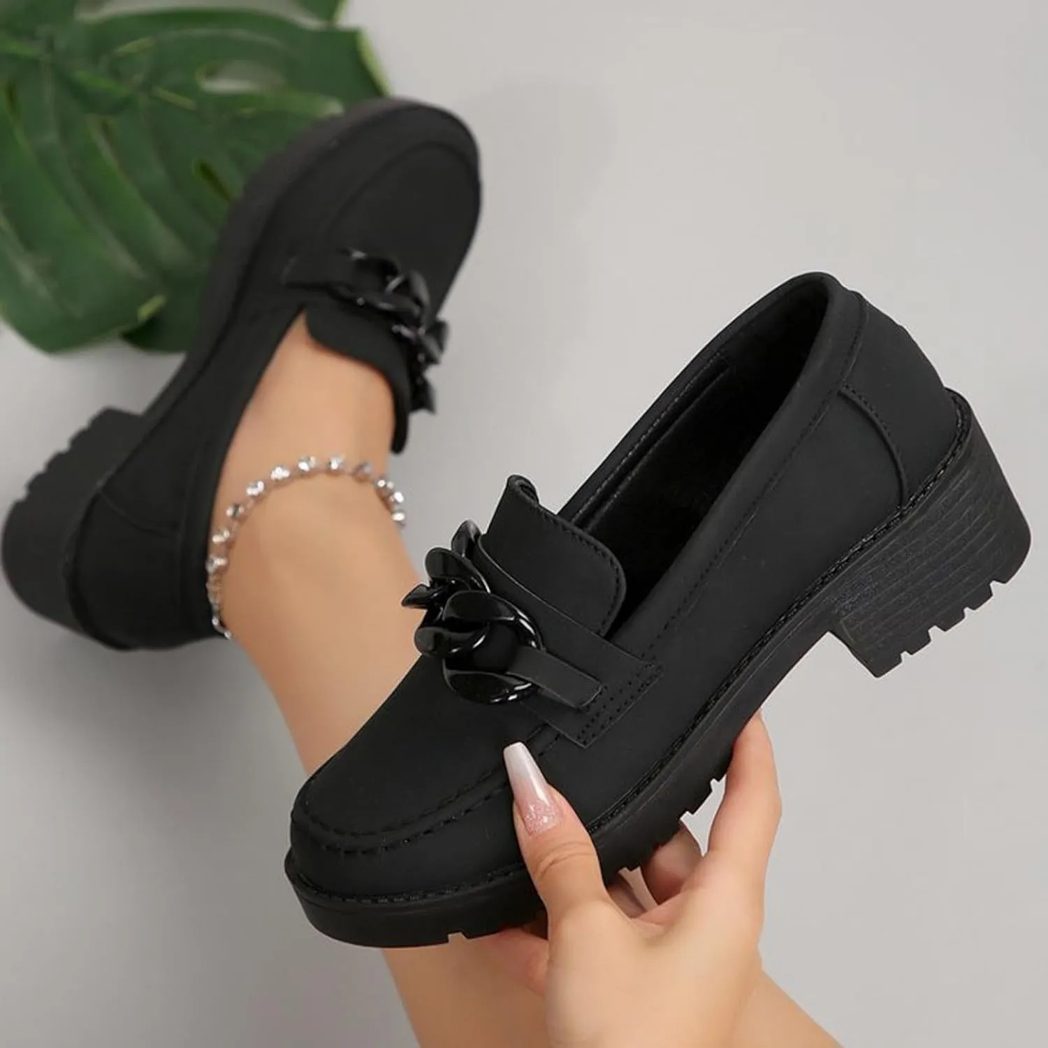 Women's Slip On Loafers Round Toe Solid Mary Jane Shoes Lug Sole Non Slip Walking Shoes Chunky Heel Shoes