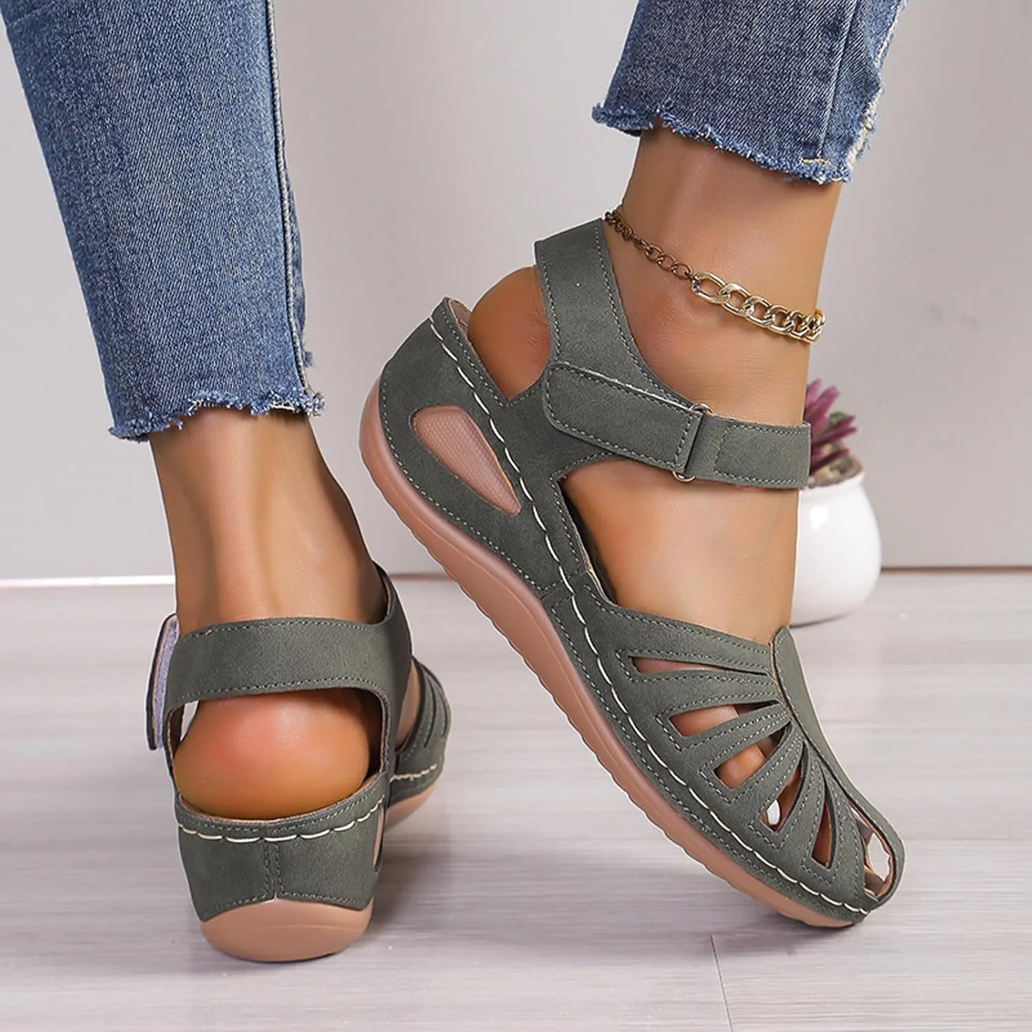 Women's Wedge Heels Ankle Strap Low Summer Sandals Closed Toe Hollow Out Orthopedic Bohemia Fishmouth Wedges Sandal