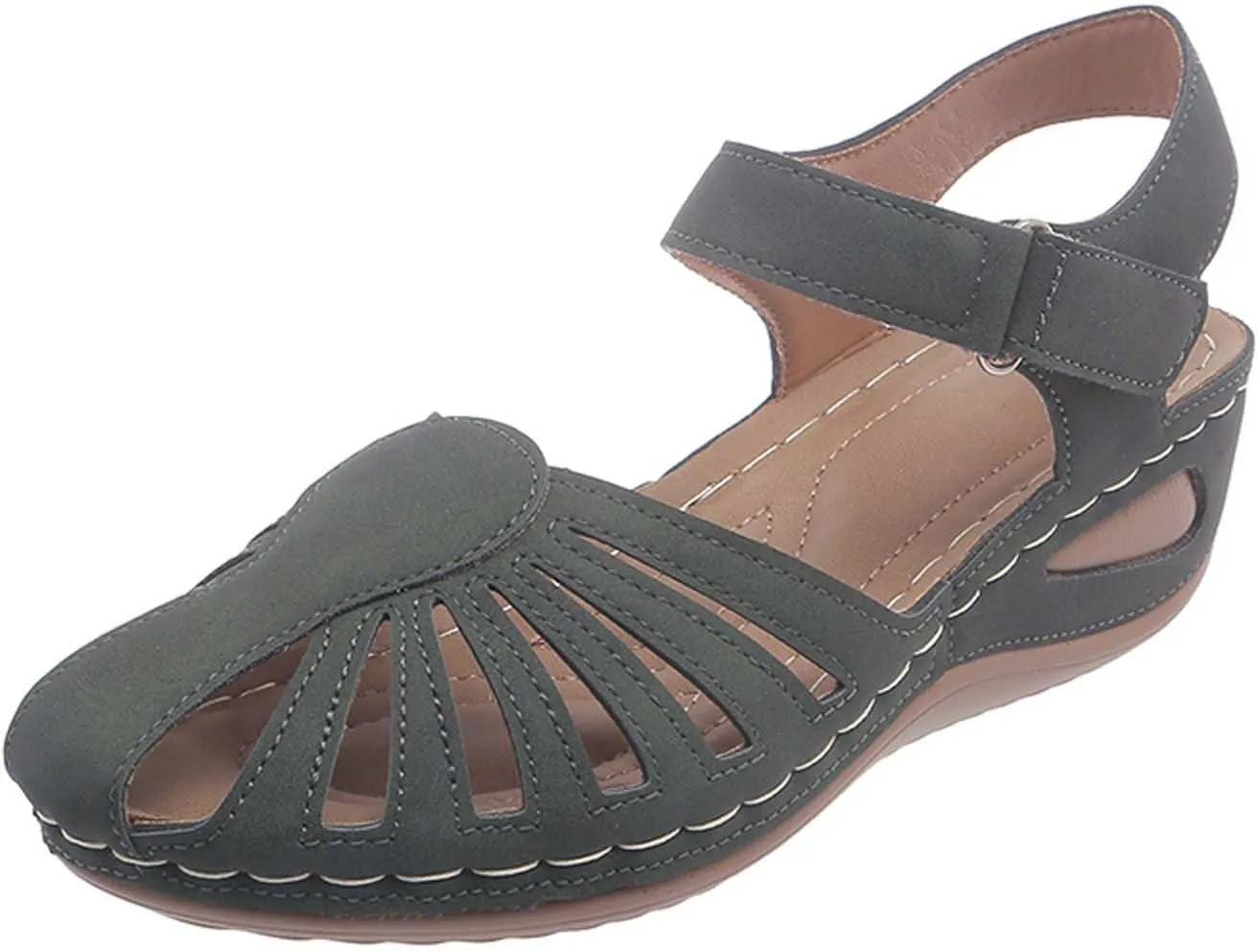 Women's Wedge Heels Ankle Strap Low Summer Sandals Closed Toe Hollow Out Orthopedic Bohemia Fishmouth Wedges Sandal