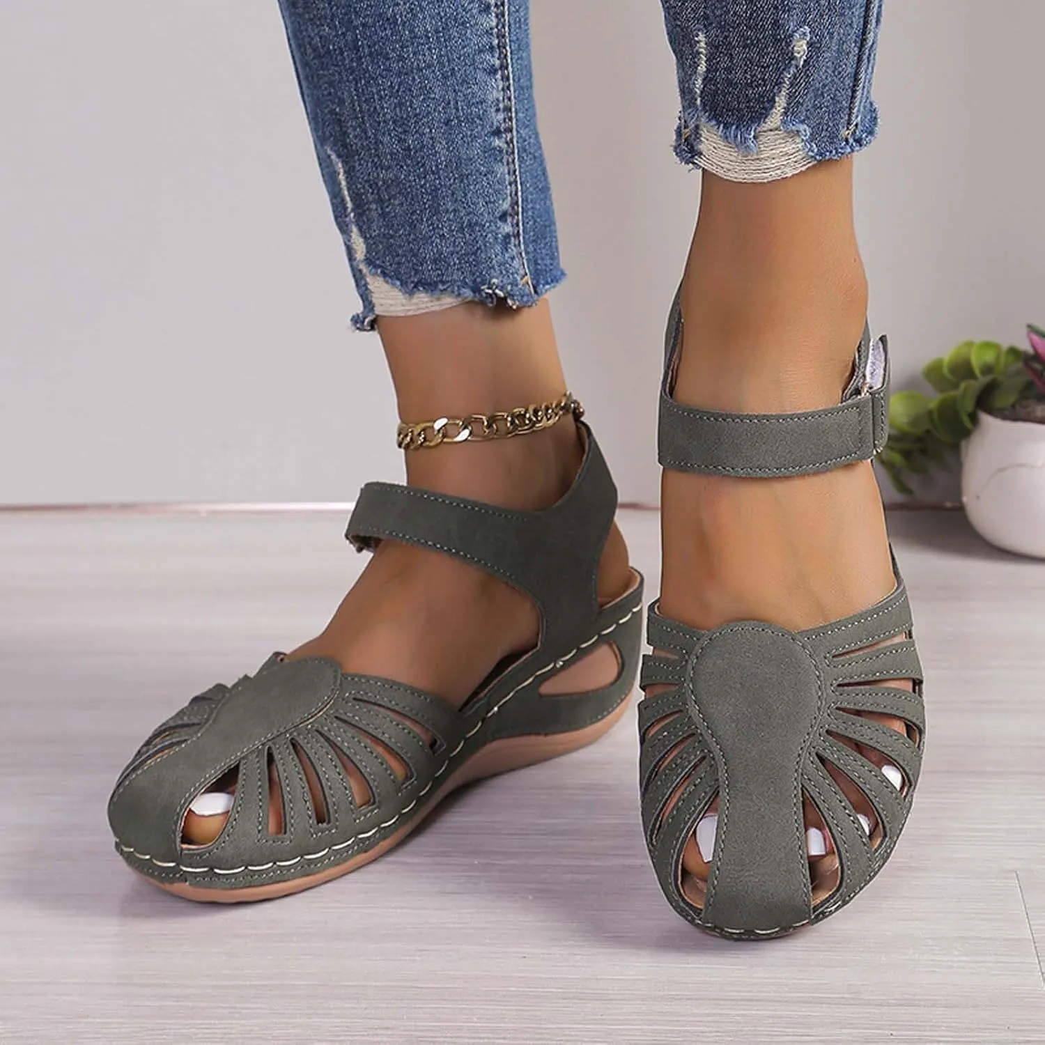 Women's Wedge Heels Ankle Strap Low Summer Sandals Closed Toe Hollow Out Orthopedic Bohemia Fishmouth Wedges Sandal