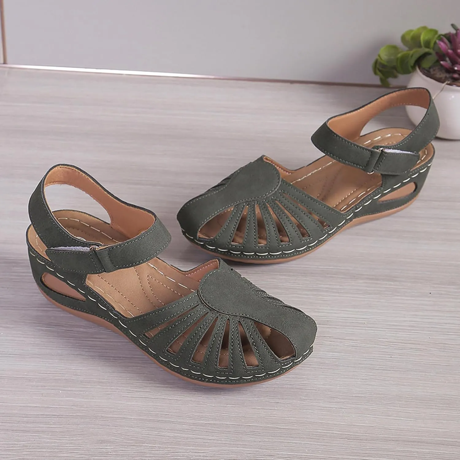 Women's Wedge Heels Ankle Strap Low Summer Sandals Closed Toe Hollow Out Orthopedic Bohemia Fishmouth Wedges Sandal