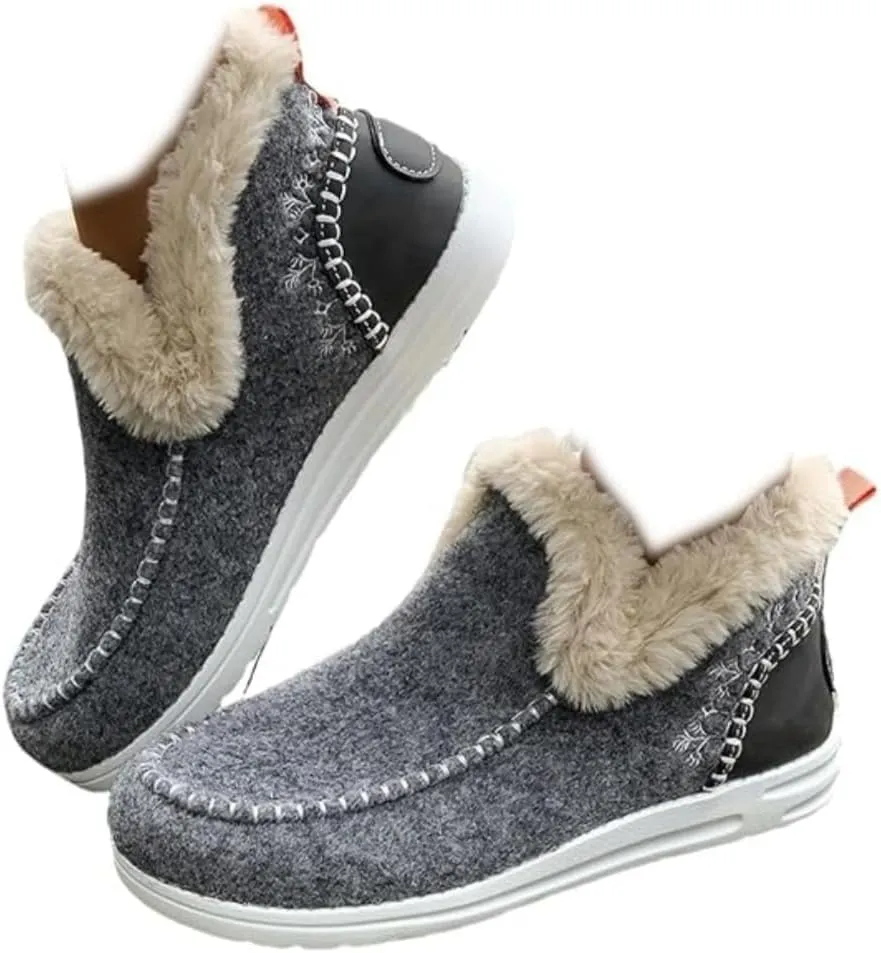 Womens Winter Boots Fashion Fur Lining Ankle Snow Boots Outdoor Short Ankle Booties Flat Slip On Round Head Thick Warm Shoes