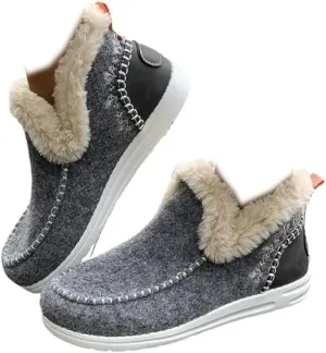 Womens Winter Boots Fashion Fur Lining Ankle Snow Boots Outdoor Short Ankle Booties Flat Slip On Round Head Thick Warm Shoes