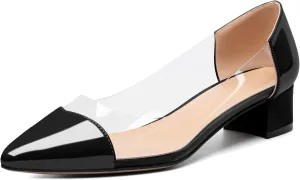 YODEKS Women Clear Heels Low Block Chunky Heel Pumps 1.5 Inch Pointed Cap Toe Slip On Shoes for Party Prom Dress US Size 8 Black