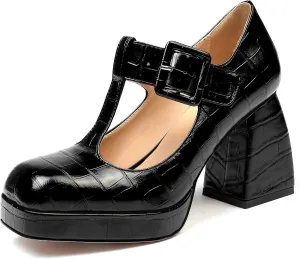 YODEKS Women's High Heels Square Toe Mary Jane Pumps Chunky Heel Platform Dress Shoes