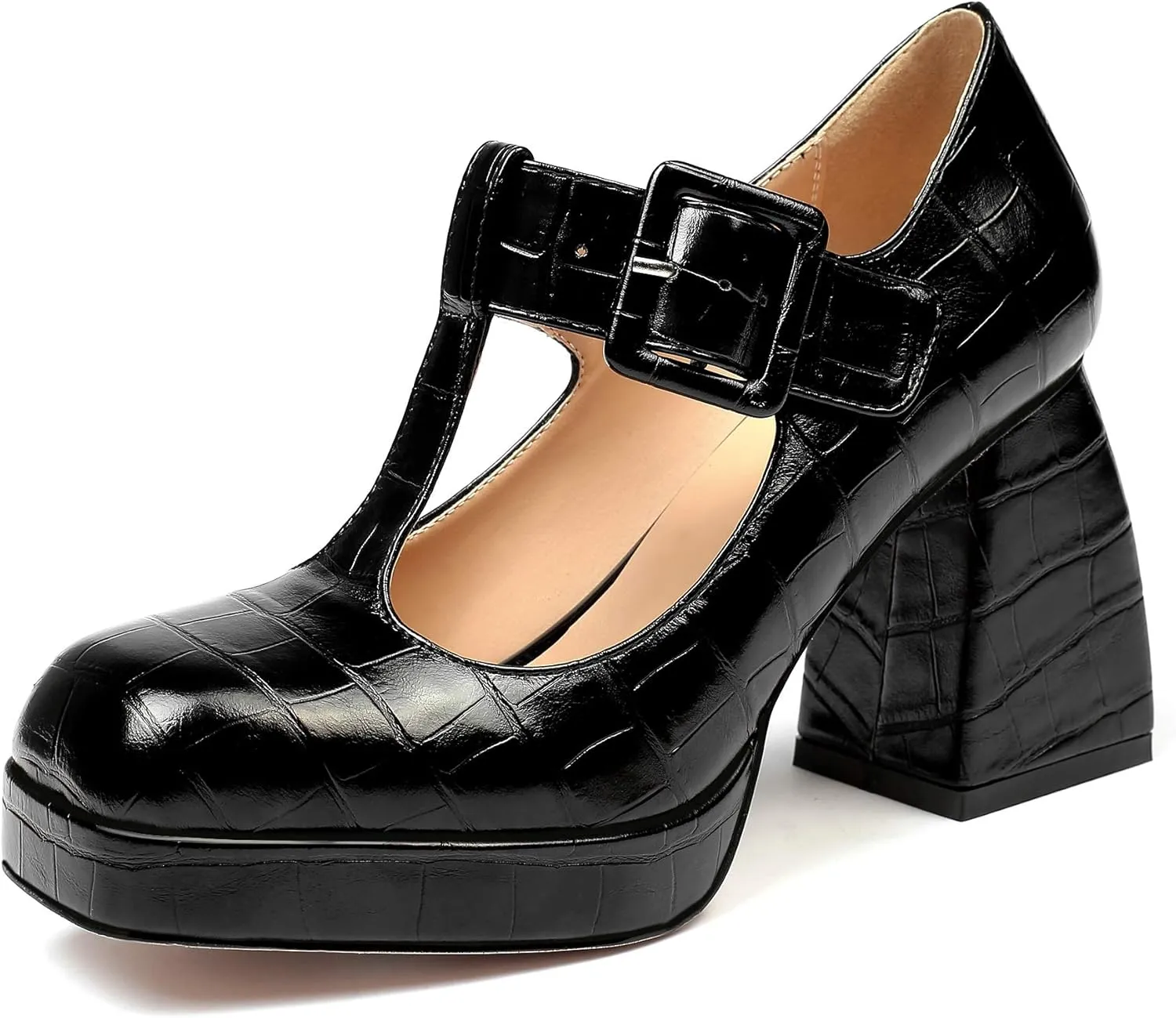 YODEKS Women's High Heels Square Toe Mary Jane Pumps Chunky Heel Platform Dress Shoes