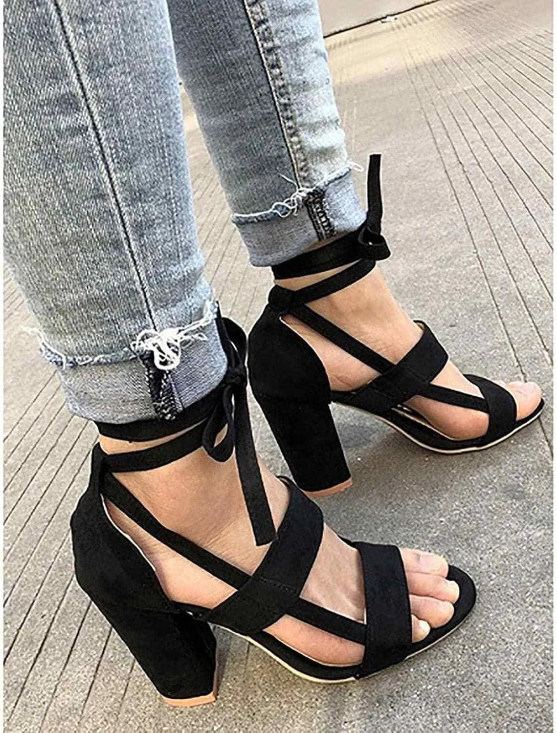 ZBYY Strappy Heels for Women Summer Chunky Heels High Heeled Sandals with Lace Up Casual Pumps Wedding Evening Sandals