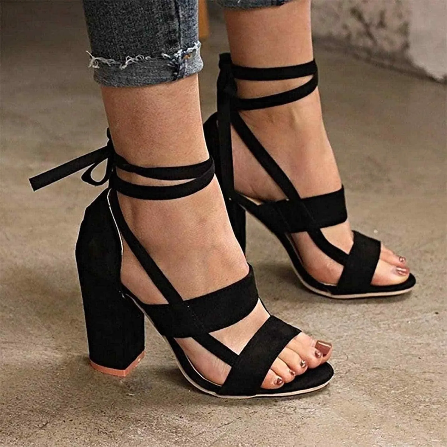 ZBYY Strappy Heels for Women Summer Chunky Heels High Heeled Sandals with Lace Up Casual Pumps Wedding Evening Sandals
