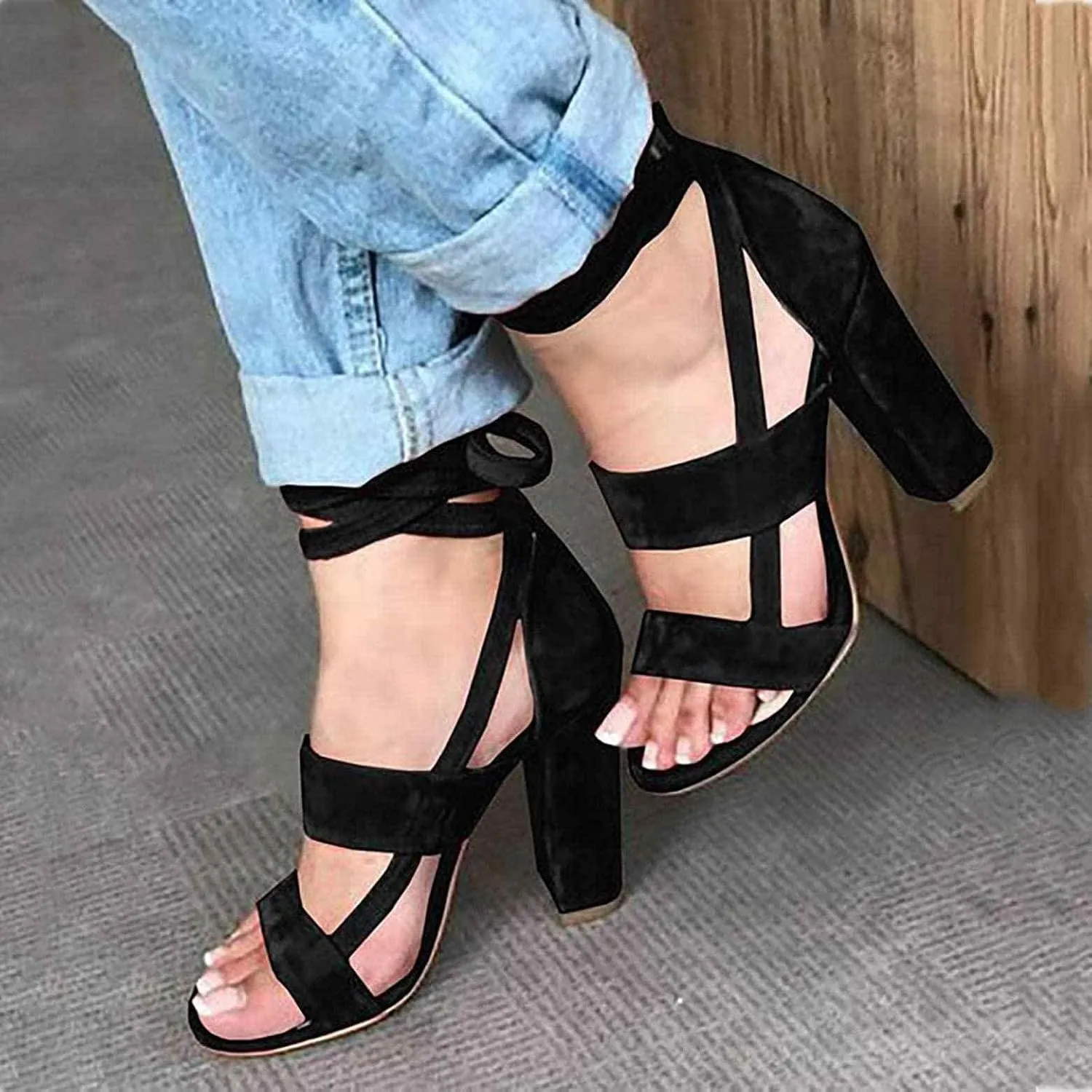 ZBYY Strappy Heels for Women Summer Chunky Heels High Heeled Sandals with Lace Up Casual Pumps Wedding Evening Sandals