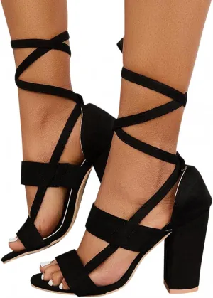 ZBYY Strappy Heels for Women Summer Chunky Heels High Heeled Sandals with Lace Up Casual Pumps Wedding Evening Sandals