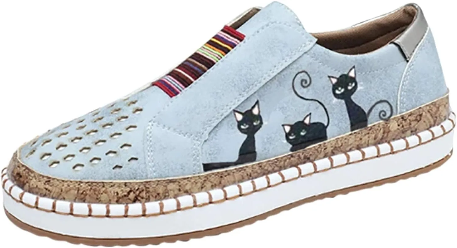 ZBYY Women's Canvas Casual Sneakers Cute Cat Printed Low Top Loafers Fashion Comfortable Slip On Flats Walking Shoes