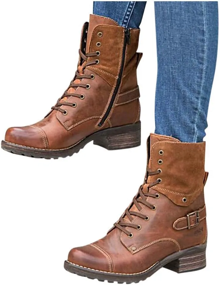 ZBYY Women's Military Combat Boots Lace Up Ankle High Low Chunky Heel Boots Pockets Buckle Strap Mid Ankle Boots
