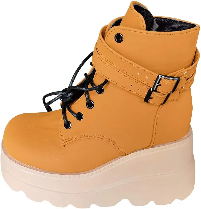 ZBYY Women's Platform Wedges Boots Chunky Thick Side Zipper Combat Boots High Heels Waterproof Party Dress Boots