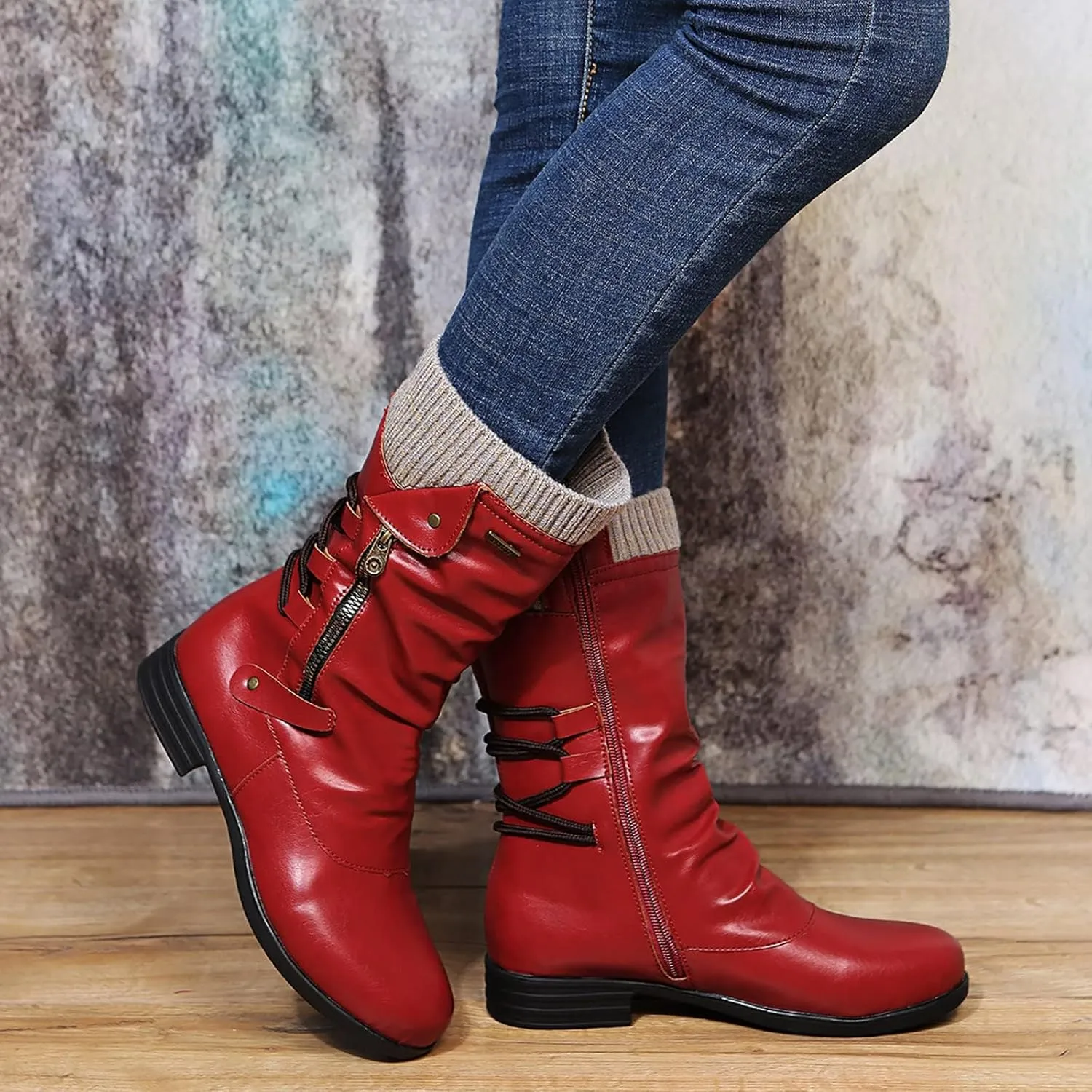 ZDLJYL Women's Knee High Comfortable Suede Slouch Flat Boots with Flat Heel and Side Zipper